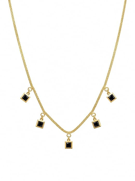 Black Square Stone Multi Charm Chain Necklace for Women | Gold Colour Artificial Fashion Jewellery | Trendy Layered Pendant Chain for Girls, Party, Daily & Gift