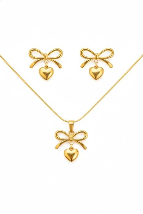 Anti Tarnish Gold Plated Heart Bow Necklace Earrings Set for Women