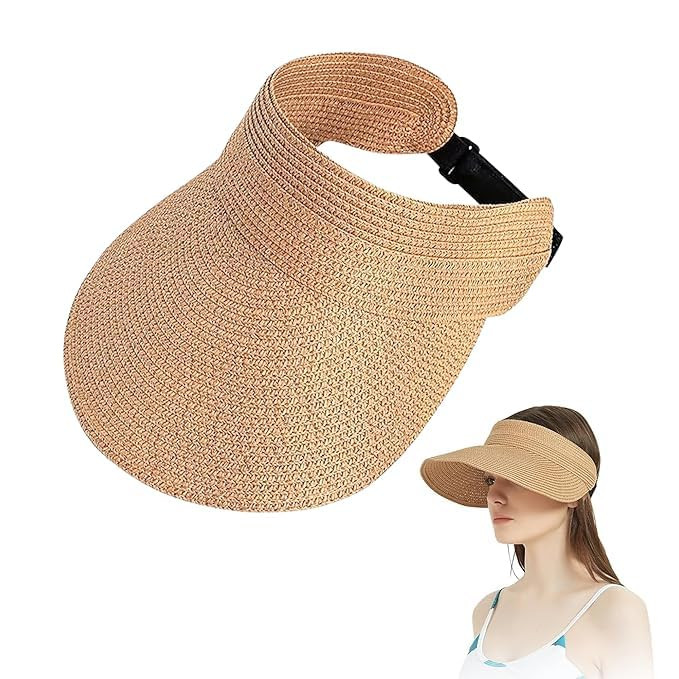 Sun Visor Hats, UPF 50+ Straw Foldable Travel Visor Roll Up Hat, Wide Brim Cap Beach Hat for Women UV Protection Summer Caps for Women Khaki