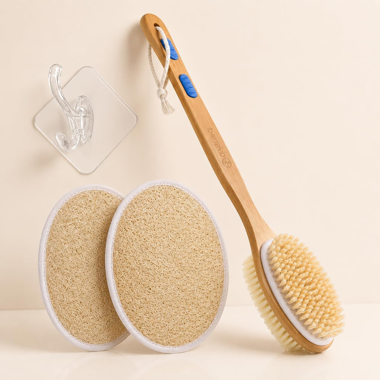 Shower Brush with Wall Hooks and Loofah Pad Soft and Stiff Bristles Body Brush Back Scrubber Bath Brush Wood Long Handle Natural Bristles exfoliating Massage Brush Head for Wet/Dry