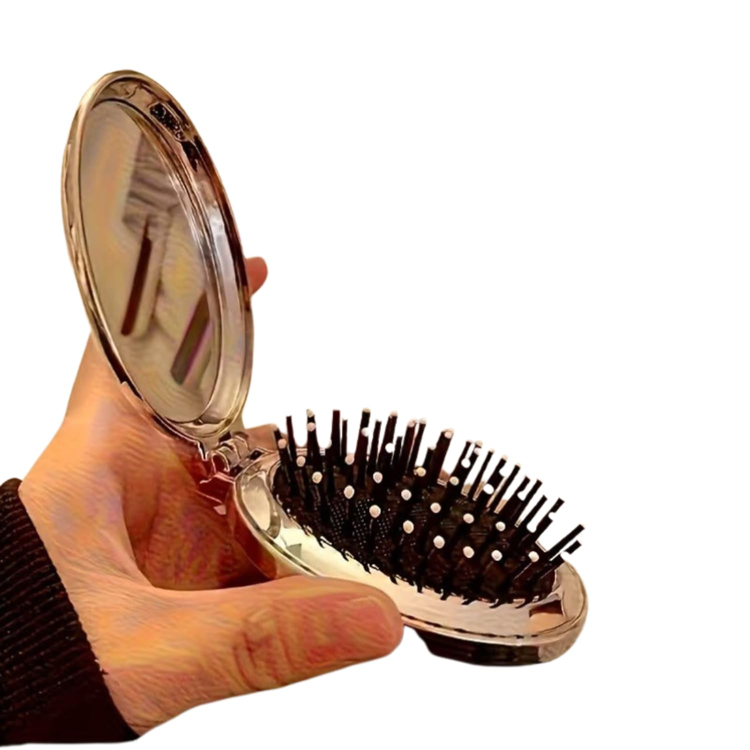 Portable Folding Hair Brush with Mirror for Women | Compact Travel Hairbrush | Cute Bow Design Mini Pocket Comb for Purse, Makeup Bag & Daily Use