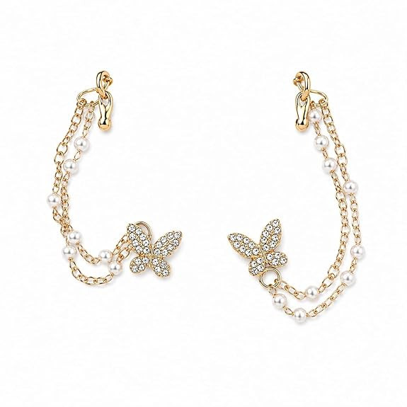 Butterfly Pearl Ear Cuff Earrings for Women | Gold Plated Chain Linked Double Piercing Earring | Stylish Ear Climber with Pearl Drops | Trendy Korean Fashion Jewelry for Girls & Women