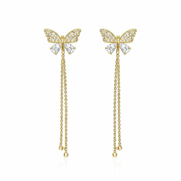 Gold Butterfly Earrings with Crystal Studs and Long Chain Drop
