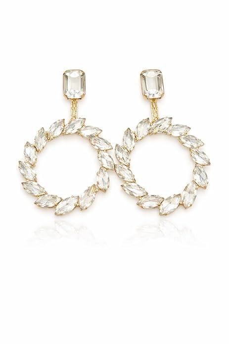 Elegant Emerald Crystal Drop Earrings, Gold-Plated Statement Dangle Hoops, Green Rhinestone Wreath Design