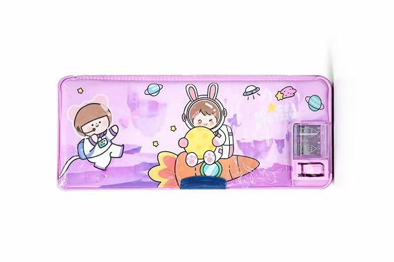 Multipurpose Magnetic Geometry Kids Space Theme Pencil Box with Built-in Sharpener & Secure Lock | Large Capacity, Durable & Cute Design | School Stationery Organizer
