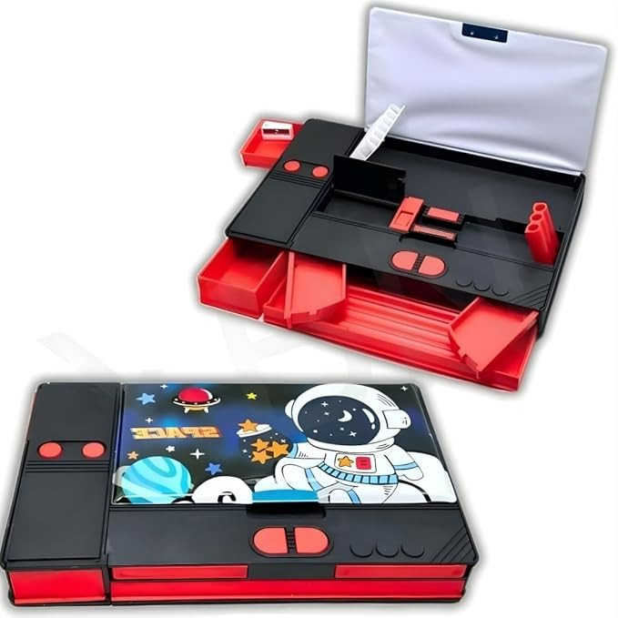 Plastic Pencil Box for Kids Jumbo Size Multi-Functional Astronaut Theme Pencil Geometry Box with Integrated Sharpner for Boys Girls (Random Deisgn Pattern) (Black)