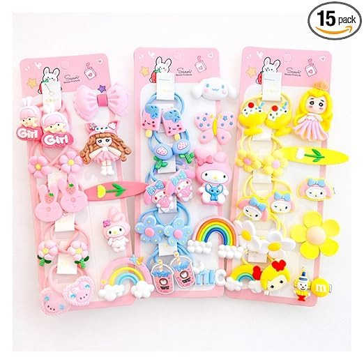 Saavi 15 Pcs combo Baby Hair Accessories Kids Hair Clips and Rubber Bands Set | 10 Soft Elastic Ponytail Holders & 5 Cute Cartoon Snap Clips | Baby & Toddler Hair Accessories