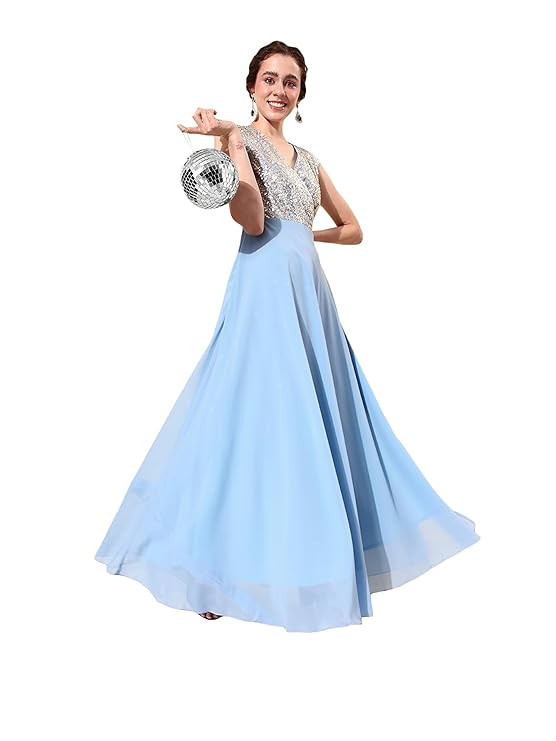 Women's Round Neck Sleeve Embellished Fit Flare Maxi Dress