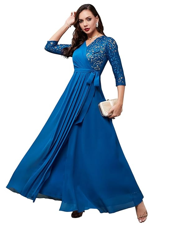 Women's Floral Printed Relaxed Fit V-Neck 3/4th Sleeve Maxi Dress