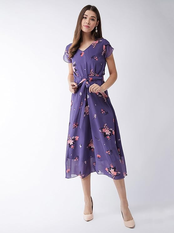 Women Pleated V Neck Full Sleeves Relaxed Fit Midi Length Dress