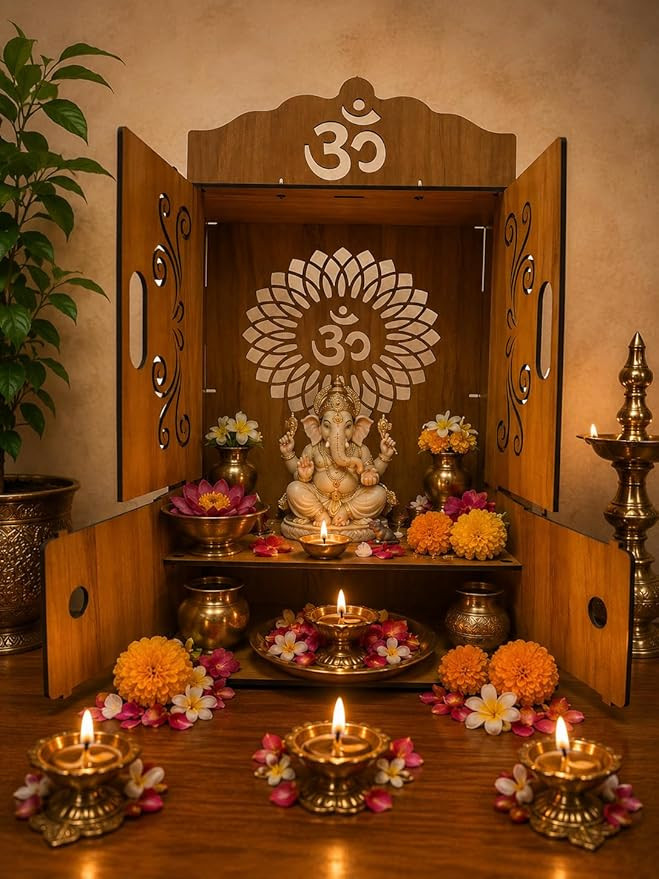 Wooden Pooja Mandir with OMWITHJAALI Cut Decorative with Door Engineered Wood Home Temple