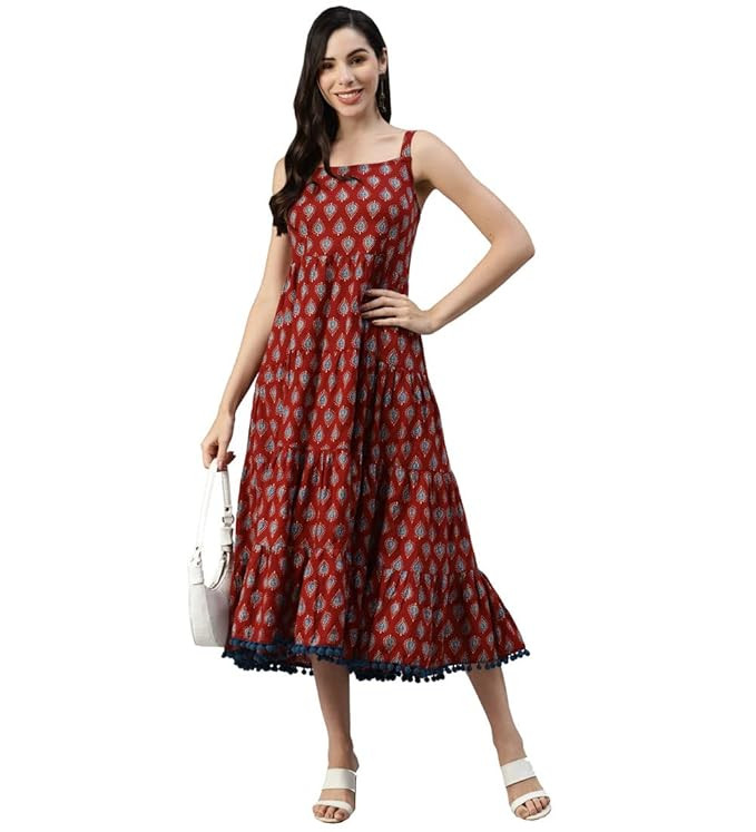 Rayon Cream A-Line Floral Printed Midi Dress