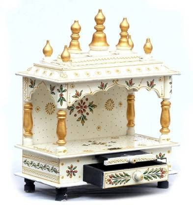 Art and Craft Wooden Temple for Home and Office Poojaghar - 15 x 8 x 18 White and Red
