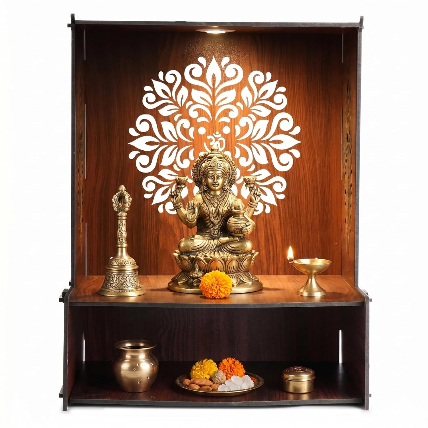 Wooden Wall Mount Temple for Home with LED Spot Light | Pooja Mandir Stand for Home | Puja Mandir with Lock System & Hanging Hole | Decorative Temple for Home & Office/Shop (Om Floral)