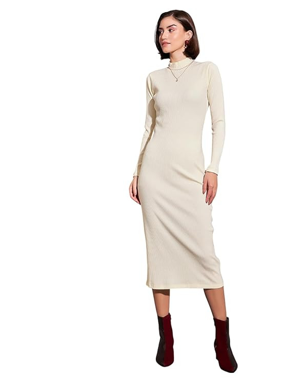 Women’s Bodycon Full Sleeves Ribbed High Neck Maxi – Casual Basic Dress