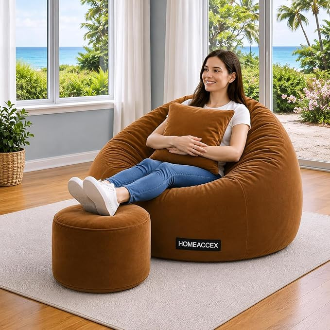 XL Velvet Bean Bag Combo with Footrest & Cushion Filled Bean Bag with Beans, Capacity Upto 70Kg |Brown