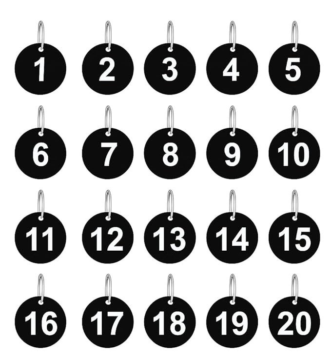 1.5 Inch Round Numbered Keychain with Marking | Durable Black Plastic Number Tags with Metal Keyring | Numbered 1-20 | Ideal for Lockers, Keys, Tables, Bags, and More