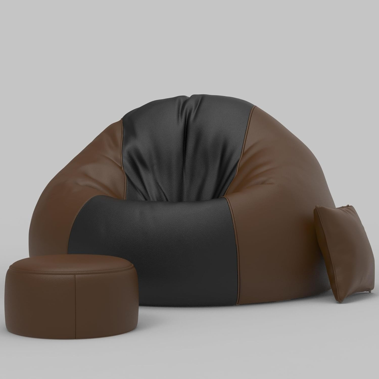 4XL Faux Leather Bean Bag Cover Set with Matching Footrest and Cushion – No Filling, Great for Home, Office, and Gaming Lounge, Brown & Black (Only Cover)