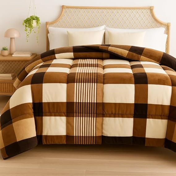 3 Layered Heavy Winter Quilt | Rajai – 600 GSM Thick & Fluffy Comforter, Ultra Warm Double Bed Blanket for Extreme Cold Weather Weight 3 kg, Pattren - Quilted Cheks, Colour - Brown & Beige