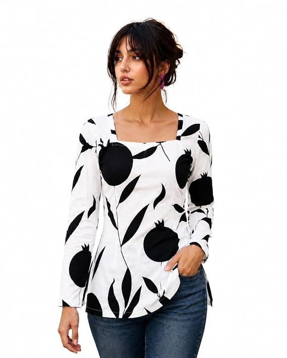 Women's Black Floral Print Peplum Top| Square Neck with Bell Sleeves | Ethnic Fusion Style | Cotton Short Kurti for Girls | Back dori Kurti
