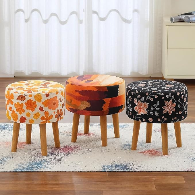 Printed Ottoman Stool Set of 3 Puffy for Bedroom Ottoman Pouffes for Sitting Decorative Stool, 3 Ottoman, Multicolor