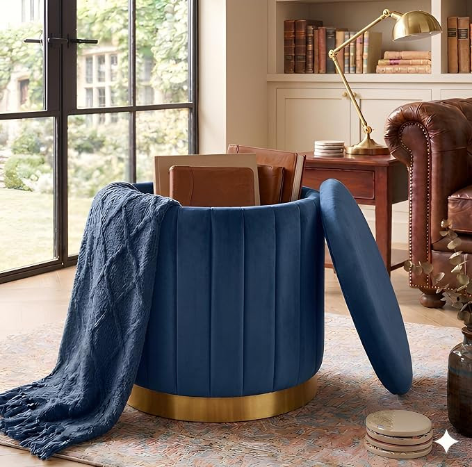 Ottoman with Storage, Ottoman for Living Room Round Design Ottoman Stool with Storage Wooden Build - Extra Seating Stool for Home Decor Use, Footrest Function (Blue)