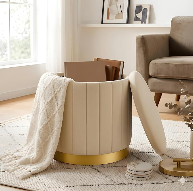 Ottoman with Storage, Ottoman for Living Room Round Design Ottoman Stool with Storage Wooden Build - Extra Seating Stool for Home Decor Use, Footrest Function (Cream)