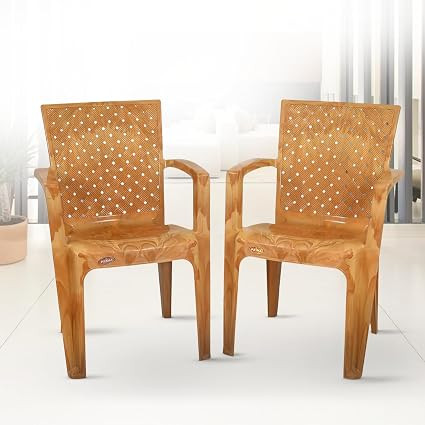 Prima Plastic Chair for Living Room | Set of 2 | Chair for Home, Living Room, Multipurpose | Stackable Chair with arm | 100% Virgin Plastic | Big Boss 3 (Sandalwood Colour)