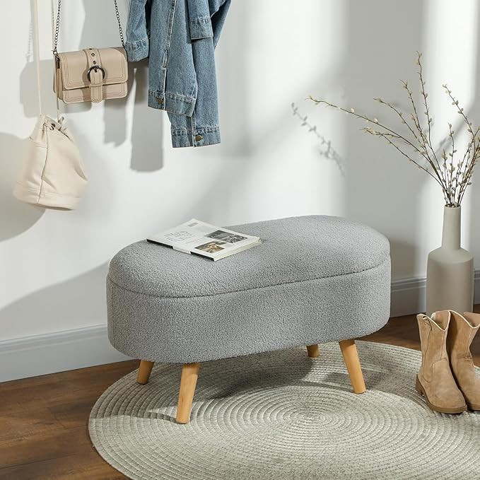 Upholstered Ottoman Bench with Storage, Boucle Fabric, 39 Litre Hidden Storage, Heavy Duty 120 Kg Load Capacity, Multipurpose Seating for Living Room & Bedroom, Grey