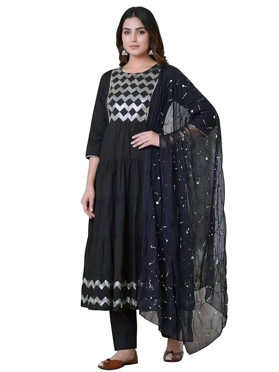 Women’s Cotton Embroidered Layered & Tiered Kurta Set with Dupatta Ethnic Anarkali Kurta with Pant Festive for Women & Girls
