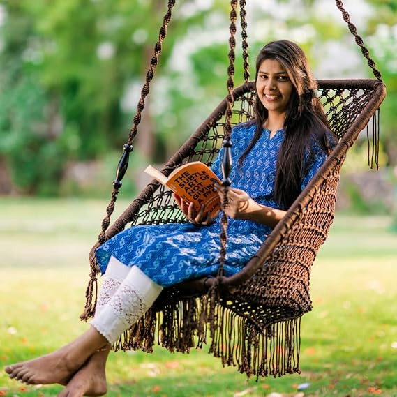 Polyester, Polyester Blend Premium Large Swing Chair Hanging Hammock Chair for Home, Indoor, Outdoor, Patio, Balcony, Garden/Jhula for Adults/Free Accessories Included (Rectangle Brown)