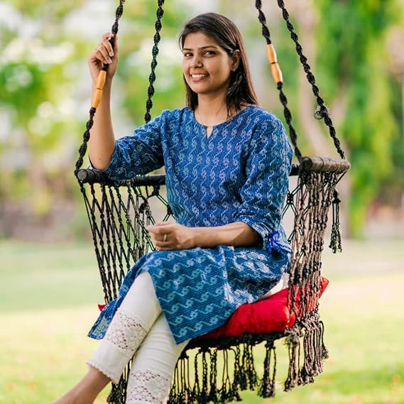 Premium Large Trapezium Single Seater Swing Chair Hanging Hammock Chair for Home, Indoor, Outdoor, Patio, Balcony, Garden/Jhula for Adults/Free Accessories - Black (Polyester)