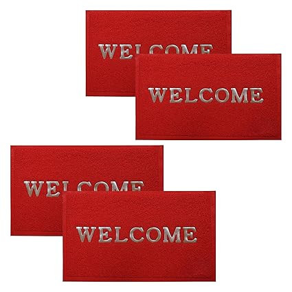 Pack of 4 Welcome Mats for Door Entrance | Door Mats for Office | Foot Mats for Home | Anti Slip Rubber Floor Mat | Small | Red