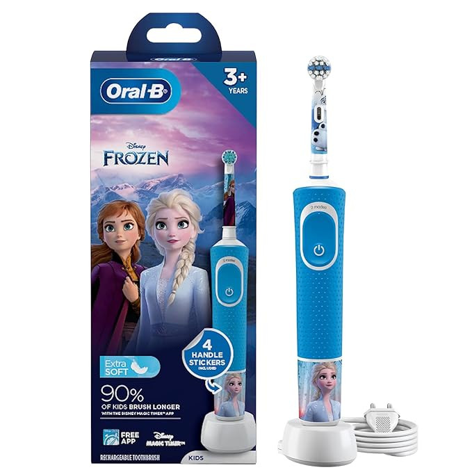 Oral B Kids Frozen Rechargeable Rotating Electric Toothbrush, 2 Brushing Modes (Daily & Sensitive), 2 Min Timer with Quadpacer, 2 Year Warranty, IPX7 Water Resistant, Round Brush Head