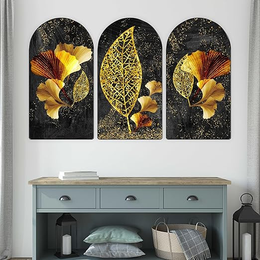 Golden Leaf & Ginkgo Abstract Wall Painting | Luxury Modern Triptych Art on MDF | Set of 3 Panels for Living Room, Bedroom, Dining Room & Office Decoration