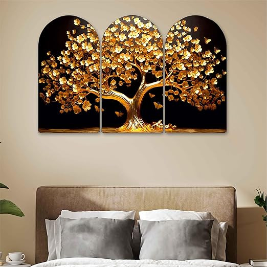 Golden Tree Arch Shape 3 Panel Wall Painting Set | Sparkle Laminated HD Print on MDF | Luxury Golden Tree Artwork for Living Room Bedroom Home Wall Decoration (24 x 36 Inch) RPNM-35360