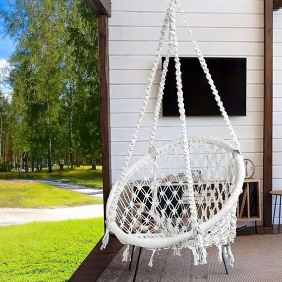 Premium Macrame Hammock Swing Chair, Cotton,roumdShape, 60 x 60 cm, Indoor Outdoor, Single Seating Capacity, Easy Assembly (White)