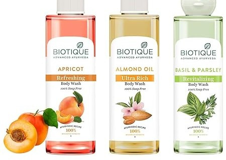 Biotique Basil & Parsley Body Wash, Transparent, 200 ml And Biotique Almond Oil Ultra Rich Body Wash, Botanical Extracts, 200 ml And Biotique Apricot Body Wash, Transparent, 200 ml