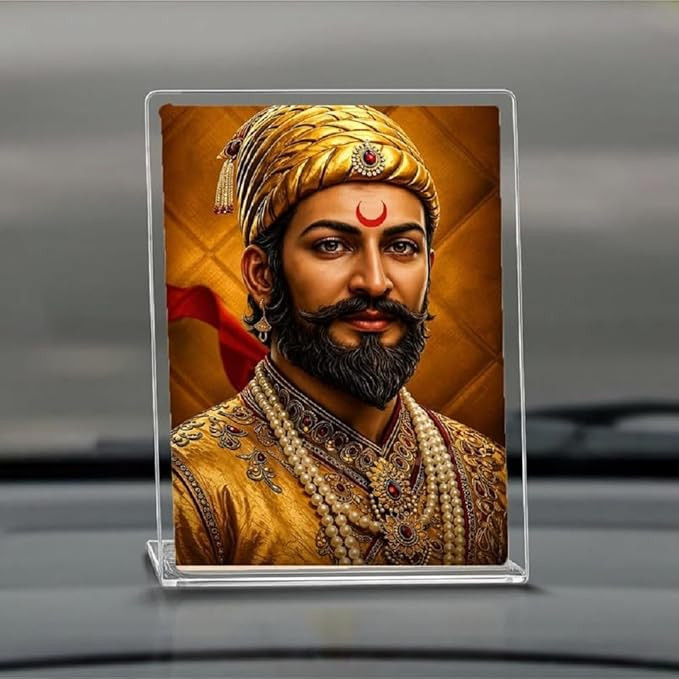 Chhatrapati Shivaji Maharaj Photo Frame 4x3 Inch | Acrylic UV Printed Frame with Mirror Effect | Car Dashboard & Tabletop Stand for Home, Office Decor