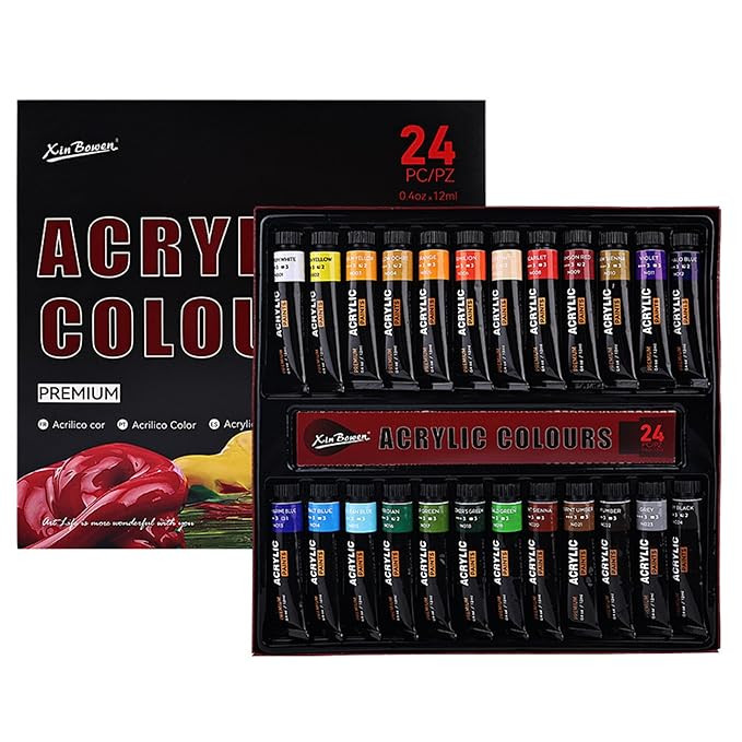 Premium Acrylic Paint Set – 24 Acrylic Paint Tubes (12ml) – Premium, Vibrant, Non-Toxic Pigments for Canvas, Glass, Plastic, Rocks, Arts and Crafts