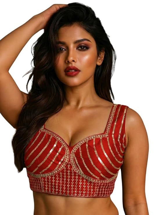 Women's Dhupion Silk Embroidery Sequence Work Sweet Heart Neck Sleeveless Blouse Choli Stylish Saree Blouse Ready to Wear Free Size