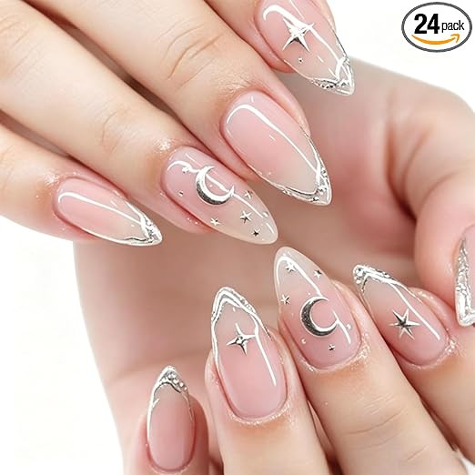 Press On Nails, 24PCS Almond Nail Extensions with Star Moon Design, Professional Fake Nails for Daily Office Wear and Special Occasions, Complete Nails Extension Kit for Quick Beauty Solutions