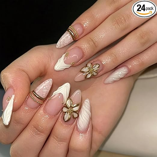 Fake Nails, Press On Nails Kit with French Tip Design, 3D Lace Floral Press On Nails Almond Shape, 24PCS False Nails for Women, Quick Manicure Solution for Special Occasions and Daily Fashion