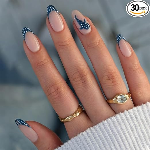 Fake Nails, Press On Nails Summer Blue French Design with Whale Accents, Professional Manicure Solutions for Workplace and Special Events, 30 Piece Nail Extensions Kit with 15 Sizes