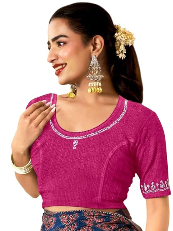 Women's Regular Fit Readymade Stretchy Elbow Length Embroidered Saree Blouse