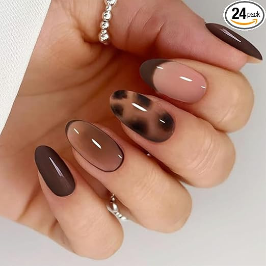 Press On Nails Almond Shape, Nails For Girls, Press On Nails Kit With Glue, Artificial Nails For Women, 24 Pieces Coffee French Tip Leopard Print Nail Extensions, Multiple Occasions Wear