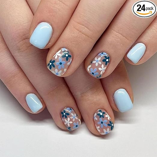 24PCS Nails For Girls, Fake Nails, Press On Nails With Delicate Blue Floral Design, Easy Application Artificial Nails For Women, Nail Extensions Kit For Various Occasions, Stick On Nails Set