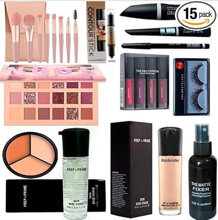 All in One Makeup Kit Set for Women & Girls Full Face Beauty Combo with Eyeshadow Palette Foundation Primer Concealer Lipsticks Mascara Eyelashes Makeup Brushes & Fixer Spray