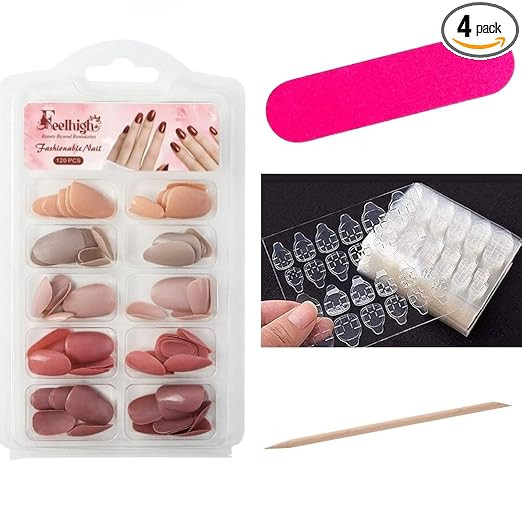 120pcs Press On Nails Kit | Soft Gel Medium Round Artificial Nails | 5 Colors Combo | Acrylic Nail Extensions with Glue Stickers, Nail File & Cuticle Stick for Women (Shade 02)