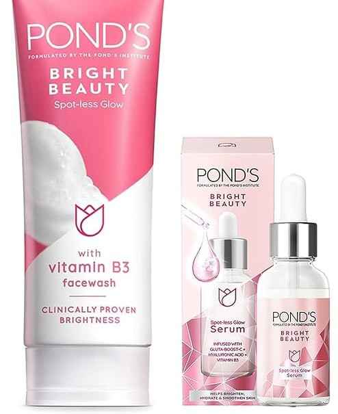 Pond's Face Care combo - Bright Beauty Spot-less Glow Serum, Infused with Hyaluronic Acid, Vitamin B3, Gluta-Boost-C, 30ml + Spot-less Glow Face Wash with Vitamins, 200g